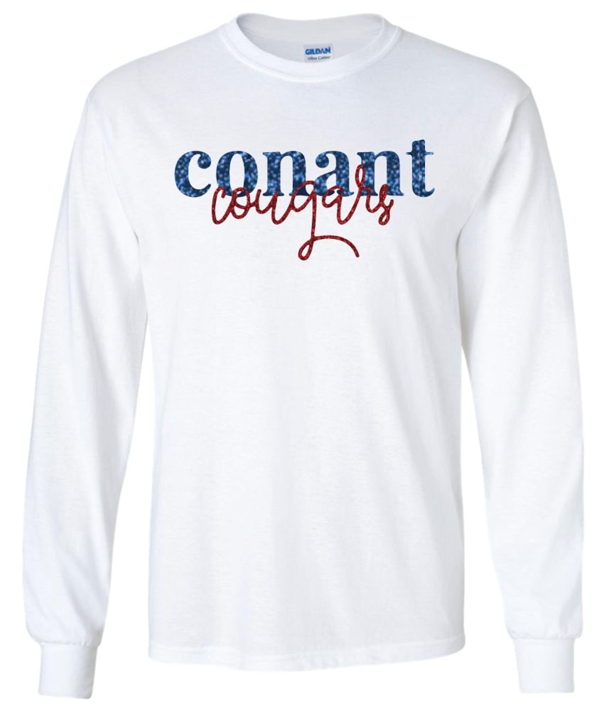 LTSW12bg - White Conant Cougars Script Long Sleeve Shirt W/Glitter