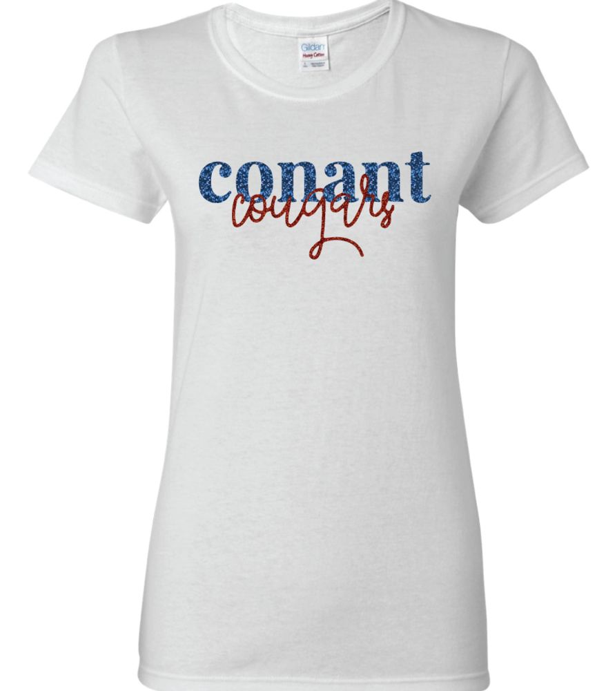 WSTSW12b - White, ladies cut,  Conant Cougars Short Sleeve Shirt w/Glitter