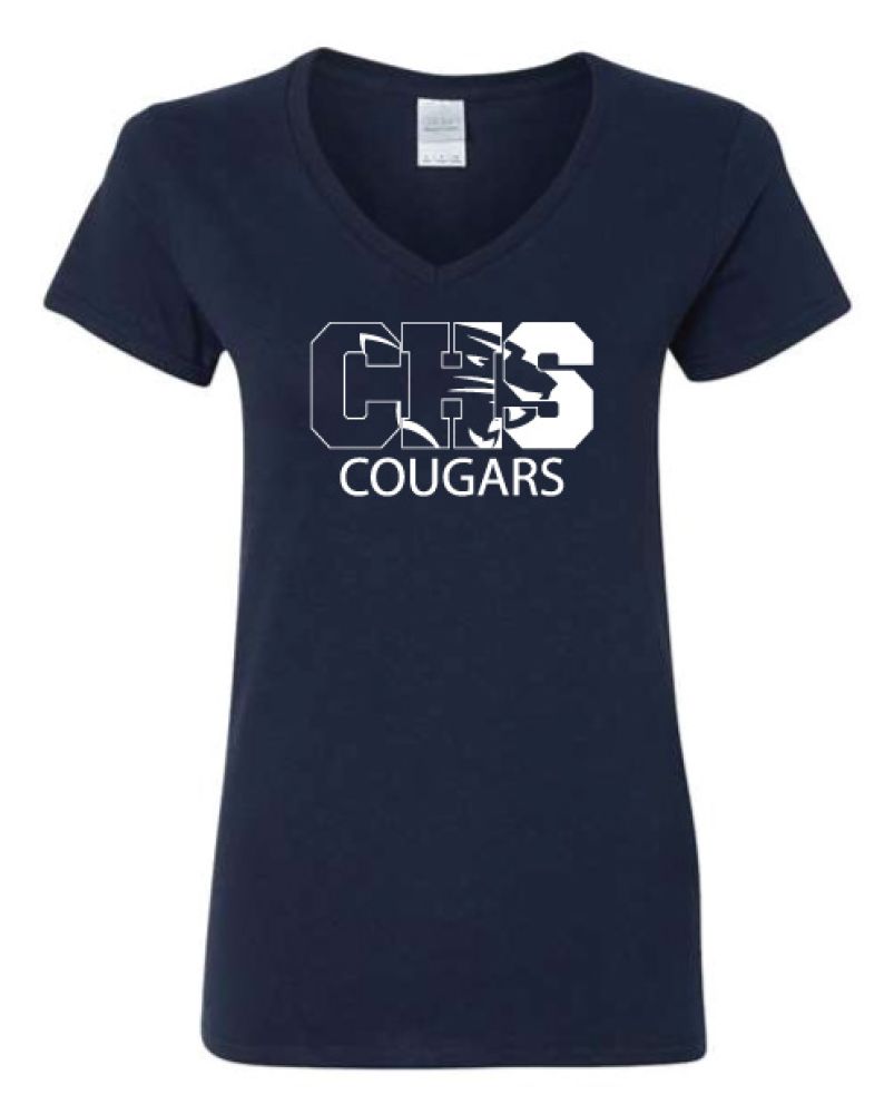 STSNV26 - Navy White CHS/Cougar Head Ladies V-Neck Short Sleeve Shirt